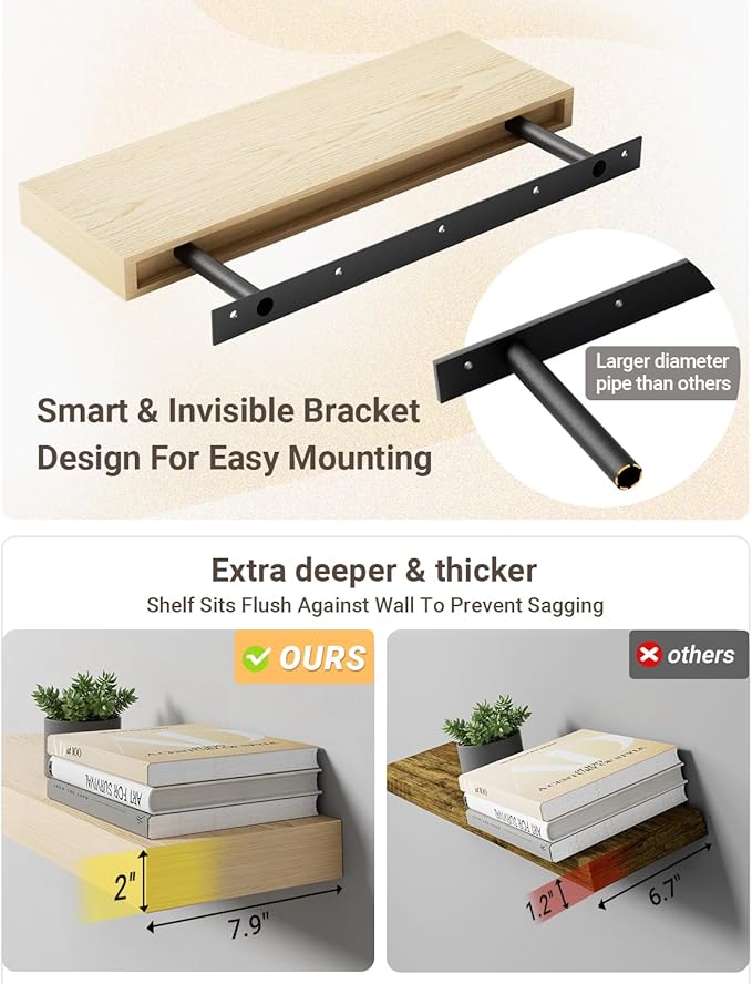 White Oak Floating Shelf for Wall, 2 Inch Thick Sturdy Wood Floating Shelves Wall Mounted, 48" Long Shelves for Kitchen Bedroom Living Room,8" Deep Floating Book Shelves, 50LB Capacity