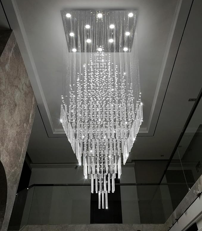 W32 x H120 Glam Chandelier with LED Bulbs Square Chandeliers, Crystal Raindrop High Ceiling Pendant Light for Entrance Large Villa Chandelier Foyer Lighting Fixtures Silver