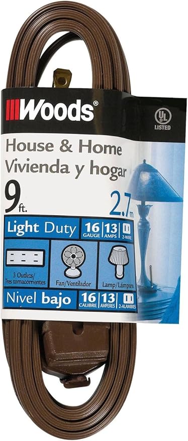 Woods Light Duty Extension Cord, 9Ft, 16 Gauge, SPT-2, 3 Outlet Cube Tap, Indoor Cord, Brown, 0601