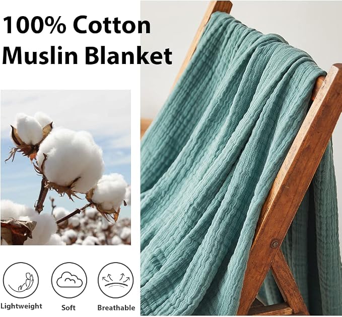 Simple&Opulence Cotton Muslin Throw Blanket for Bed, Couch, Knit Woven Gauze Blanket with Tassels, Soft Lightweight Cozy Pre-Washed Breathable Farmhouse Decoration for All-Season (Dark Green)