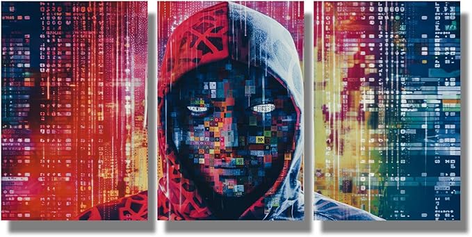 LSIUHWUWI Wall Decor 3 Panels Modern Wall Art Hacker in Mask on Dark Background with Digital Effects Pictures Print on Canvas for Home Wall Decorations, Ready to Hang, 16x24inchx3