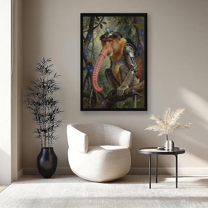 Framed Steampunk Mechanical Proboscis Monkey Wall Art - Jungle Neon Retro Poster for Apartment Leisure Area Decor 20x30in