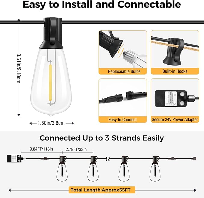 litogo 55FT LED Outdoor String Lights with Dimmer, Waterproof Patio Lights with ST38 Vintage Edison Bulbs, Warm White Outside Hanging Light with Timer for Yard Gazebo Party