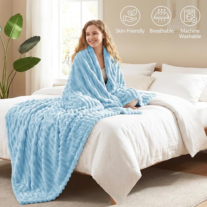 Light Blue Throw Blanket for Couch & Bed, 50 x 60 Inch | 300GSM Ribbed Fleece Blanket, Soft, Cozy & Lightweight, OEKO-TEX Certified, All-Season Use for Travel, Dorm & Home Decor