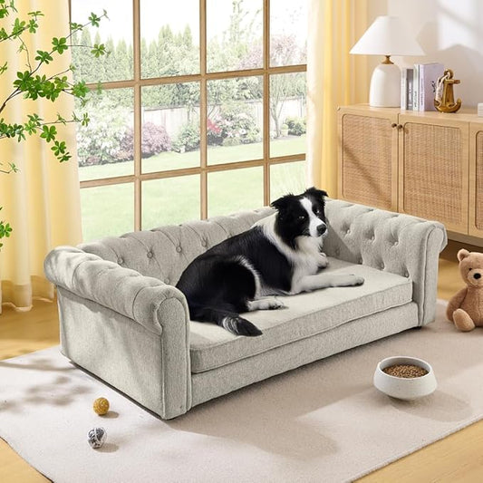 55" Elevated Dog Sofa Couch for Large and Oversized Dogs, Comfortable Linen Fabric Pet Bed with Thick Cushion, Durable Raised Dog Couch with Tufted Armrests, Stylish Modern Pet Furniture