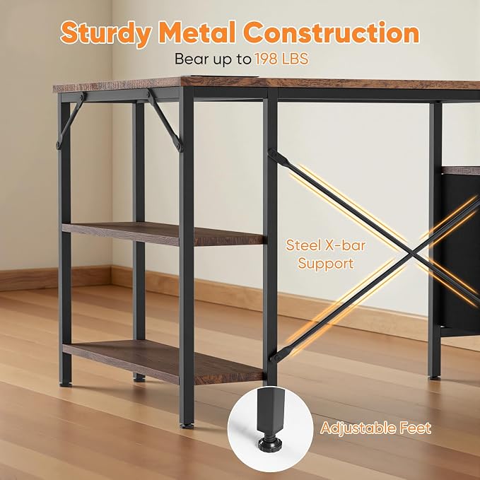 DUMOS L Shaped Desk with Drawers, Gaming Desk, 55 Inch | Power Outlet, Study Table, Adjustable Shelves, Home Office, Corner Computer Workstation, Bedroom, Brown