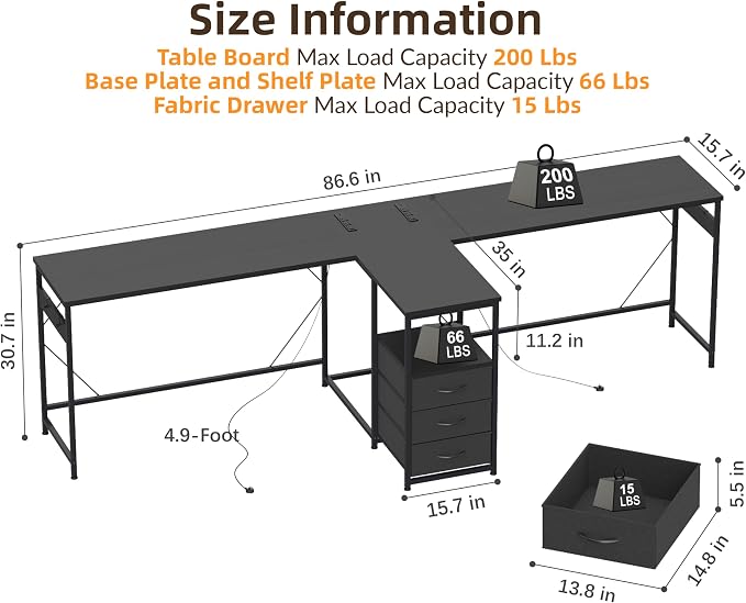 YOSHOOT 2 Person Computer Desk, 87" Long Gaming Desk for 2 People | Double Desk with 3 Fabric Drawers and 2 Power Outlets, Home Office Table for Adults and Teenagers, Black