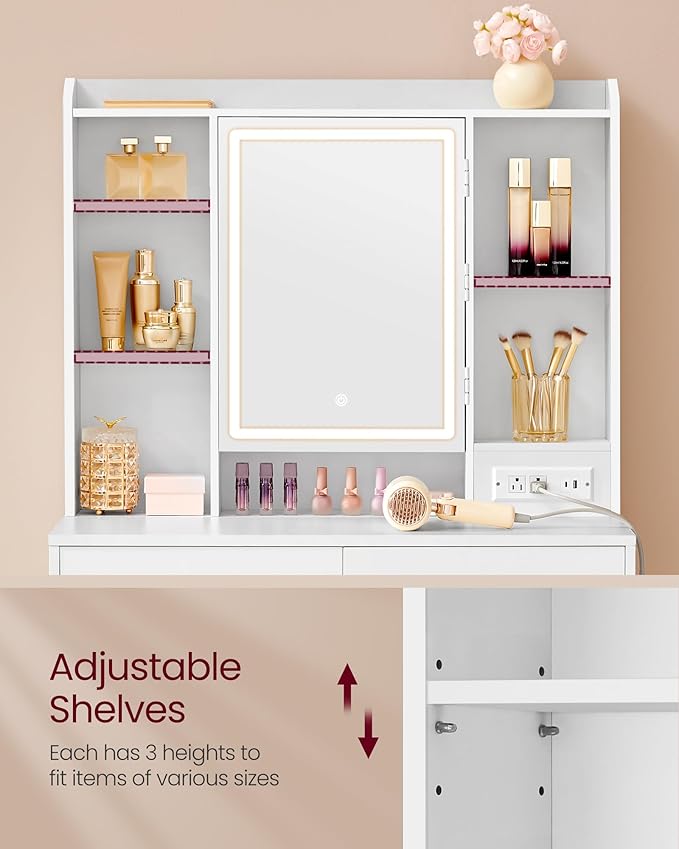 VASAGLE Kailyn Collection - Vanity Desk with Power Outlets, Makeup Vanity with Mirror and Lights, LED Lights, 6 Compartments, 2 Drawers, for Bedroom, Cloud White URDT031WB02S