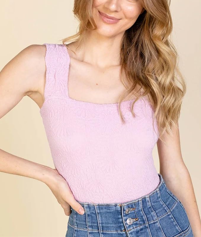 Women's Square Neck Wide Strap Crop Tank Tops Flower Going Out Tops Slim Fit Lettuce Trim Crop Cami Tops