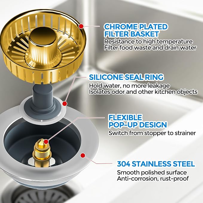 zaa 3 in 1 Kitchen Sink Drain Strainer Stopper Removable Basket Pop-Up | Kitchen Sink Accessories 1 Pack Gold Stainless - Food Catcher, Odor-Blocking Seal, Fits 3.5" Drain