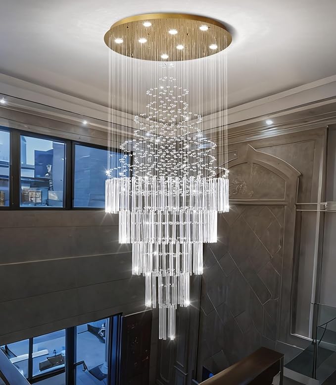 W24 x H78 Crystal Glam Chandelier Long Light Chandeliers with Dimmable Light Bulbs High Ceiling Light Fixtures for Foyer Entryway Living Room Stair Gold