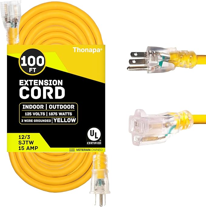 Thonapa 100 Foot Outdoor Extension Cord - 12/3 Heavy Duty Yellow Extension Cable with 3 Prong Grounded Plug for Safety - Great for Garden and Major Appliances