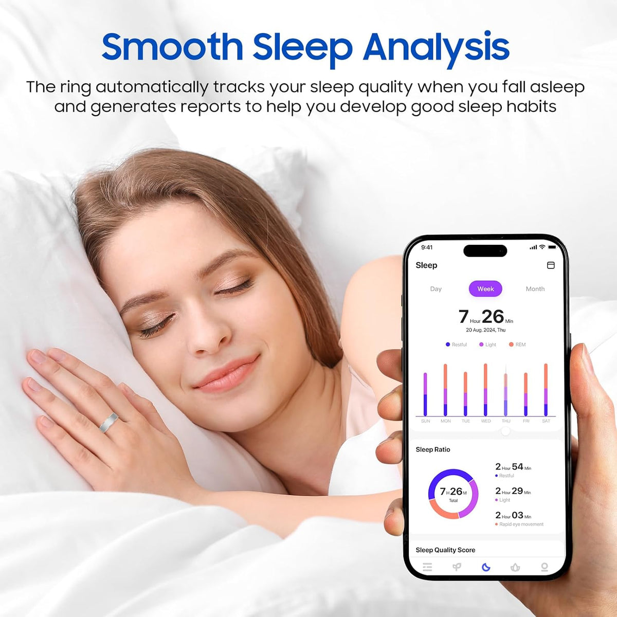 Smart Health Ring - Waterproof Fitness Tracker with Stress & Sleep Monitoring | Compatible with iOS & Android (Silver, Size 8)