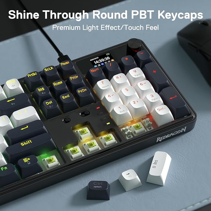 Redragon K761 PRO Wireless 104-Key Gasket Gaming Keyboard, Screen & Knob | Easy-Control LED Info Display, 0-Delay Tri-Mode, Cushioned 5-Layer Noise Dampening for Creamy Thocky Sound, Standard 104 keys