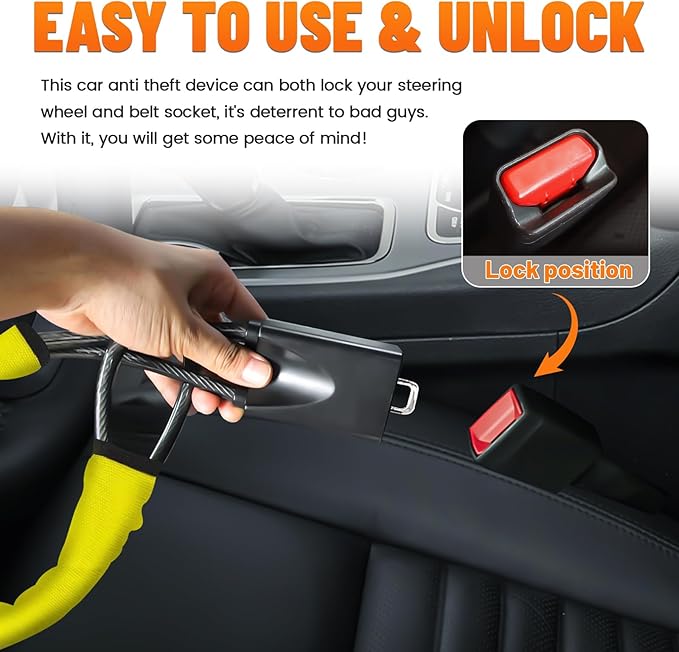 DualGuard Car Steering Wheel & Seat Belt Lock - 17" Universal Anti-Theft Device for Vehicles, SUVs, Golf Carts | Compact & Lightweight Security Lock with Multi-Function Keys (Yellow)