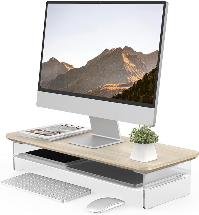 Fenge 23.6" Monitor Stand with Clear Acrylic Legs, Oak | Clear acrylic, storage compartment, 2-tier home office monitor riser, wide large desktop shelf fit monitor/laptop/printer