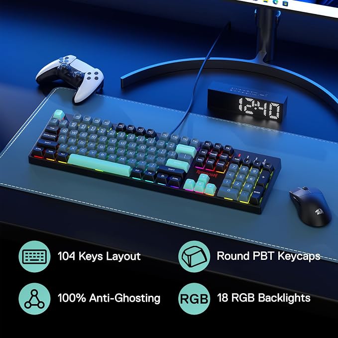 Redragon K582 SE Wired RGB Mechanical Gaming Keyboard, 104-Key, PBT Keycaps | 16.8M Color Immersive eSports Lighting Vibe, Quiet Keystrokes w/ Sound-Absorbing Foam, N-Key Rollover, Customize Software