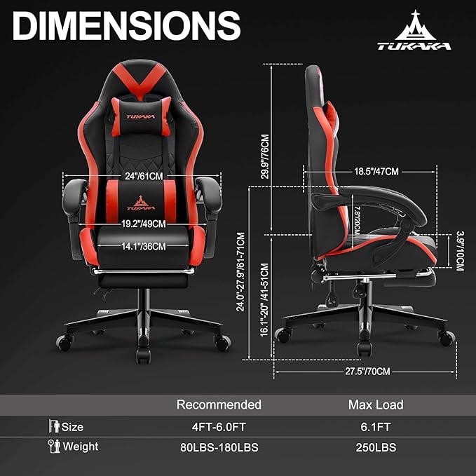 Gaming Chair,Ergonomic Massage Office Desk Chair with Footrest,Red | Pocket Spring Cushion,Reclining,Thick High Back,Headrest and Lumbar Support,Adjustable Leather Computer Chair Gamer Chair
