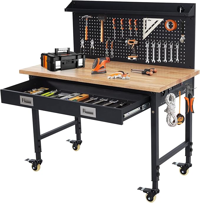 48" Workbench Heavy Duty, Adjustable Height Workstation with Drawer Storage, Backplate, 2000 LB Load Capacity, Multipurpose Rubber Wood Shop Table with Power Outlets, Hooks, Garage Storage