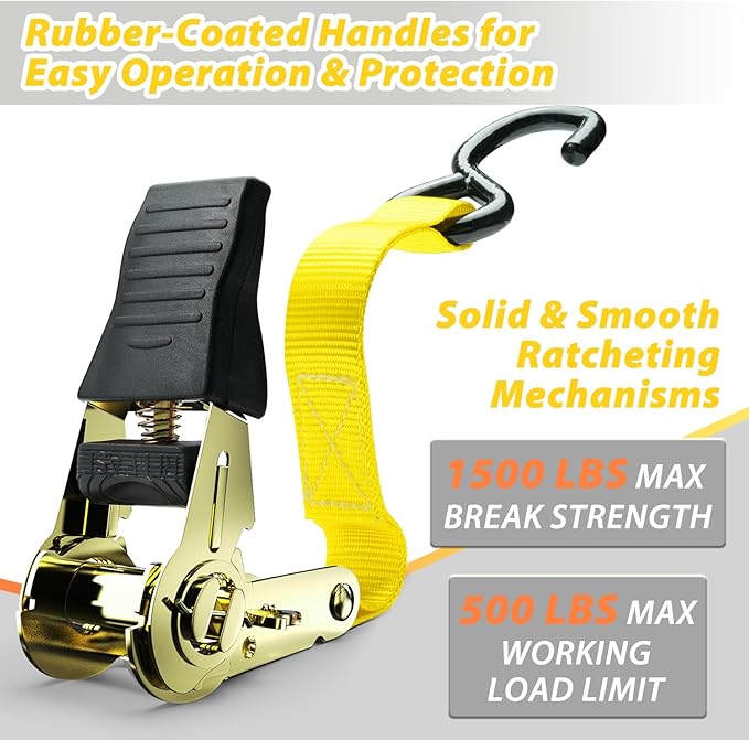 Ratchet Tie Down Strap 15 Ft - 500 lbs Load Cap with 1500 lbs Breaking Limit, Ohuhu Ratchet Tie Downs Logistic Cargo Straps for Moving Appliances, Motorcycle (Yellow, 8-Pack)