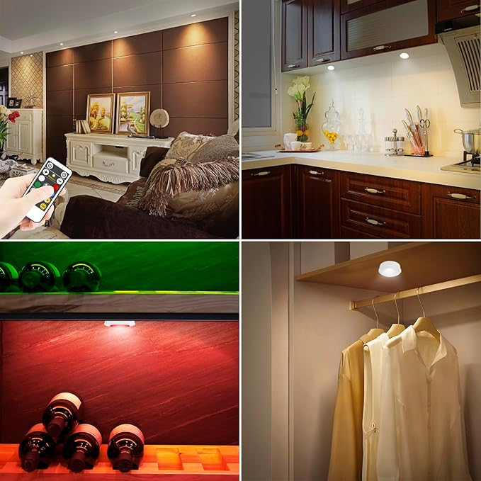 Wireless LED Puck Lights with RF Remote(6-Pack), Battery Operated Under Cabinet Lights, Color Changing Stick On Lights,Dimmable Tap Light with Timmer for Closet Bedroom Kitchen Drawer Counter