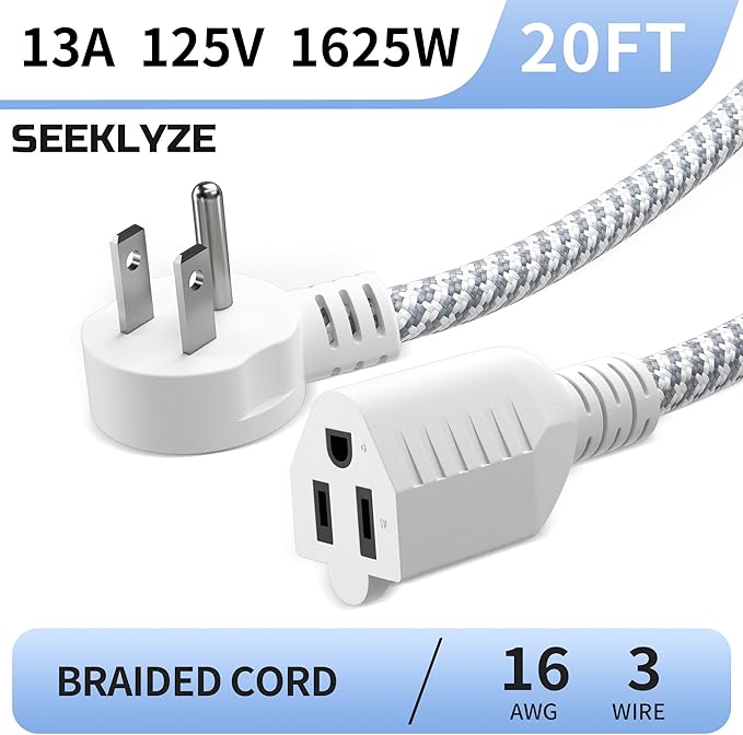 16 Gauge Braided Extension Cord 20 FT, 16/3 Flat Plug Power Cord Indoor, 3 Prong White Extension Cable Flexible for Home Dorm Room Essentials, 13A 125V 1625W, ETL Listed