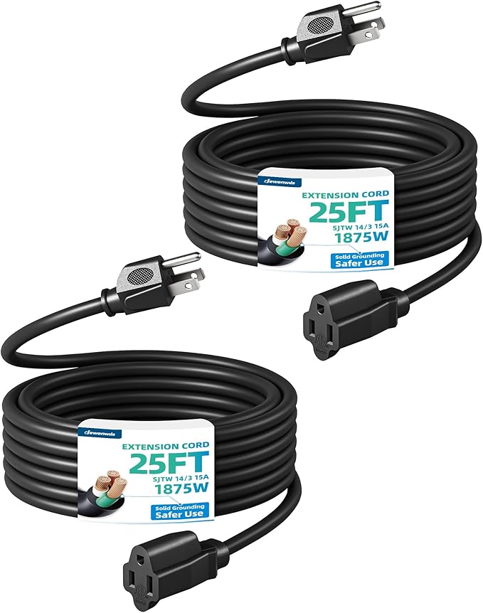 DEWENWILS Outdoor Extension Cord 25FT, Waterproof Power Cord for Indoor Outdoor Appliances, 14/3 SJTW, Black, ETL Listed, 2 Pack