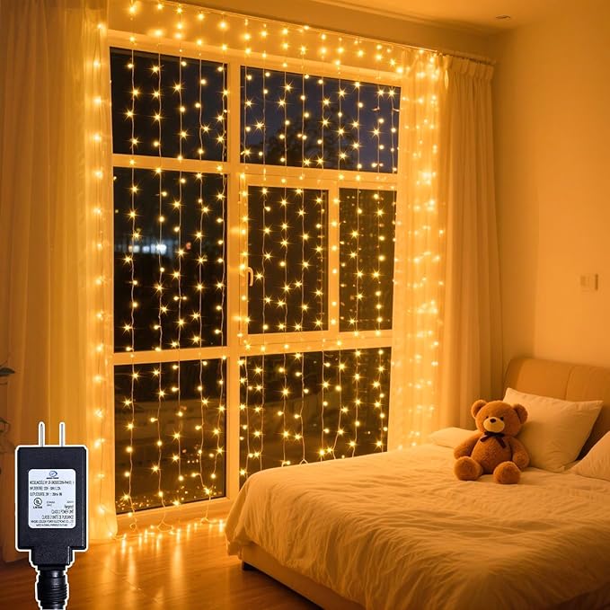 200 LED Curtain String Lights 9.8 * 6.6FT Plug in Fairy with Timer and 8 Modes, Waterproof Window Wall for Bedroom Wedding Party Indoor Outdoor Christmas Decor