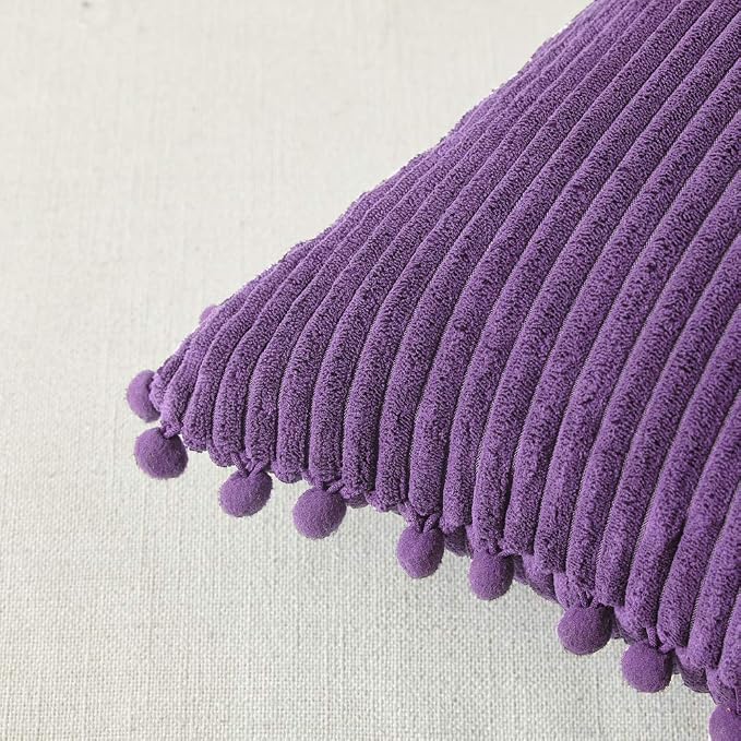 Fancy Homi Pack of 2 Purple Decorative Throw Pillow Covers 20x20 Inch with Pom-poms, Soft Corduroy Solid Square Cushion Cases Set for Living Room Couch Sofa Bedroom Car (20x20 Inch/50x50 cm, Purple)