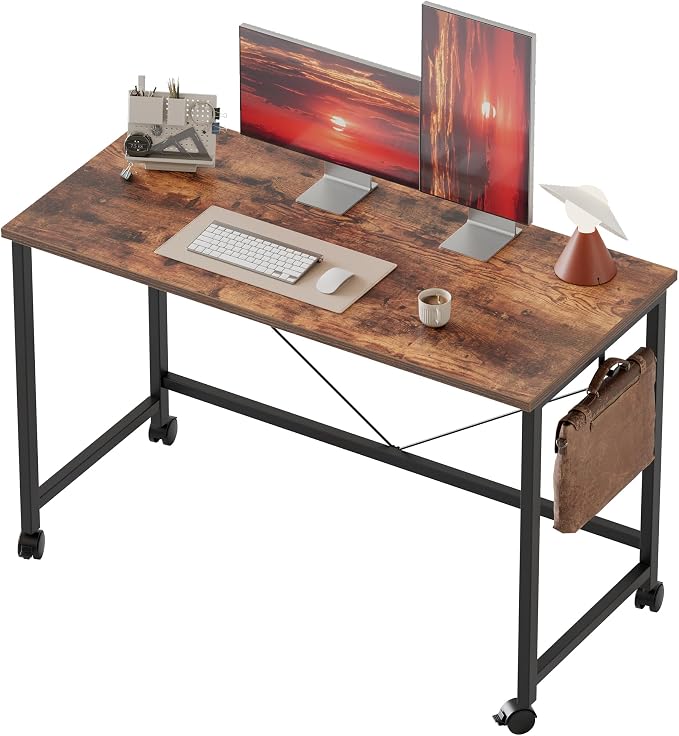Mericonia 39x20 Inch Computer Desk with Wheels, Small Simple Rolling Desk | Writing Table for Home Office Bedroom Work Study, Brown
