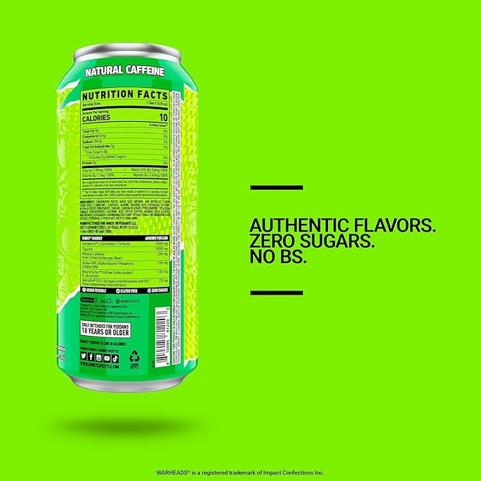 GHOST Energy Drink - 12-Pack, Warheads Sour Green Apple, 16oz - Energy & Focus & No Artificial Colors - 200mg of Natural Caffeine, L-Carnitine & Taurine - Gluten-Free & Vegan