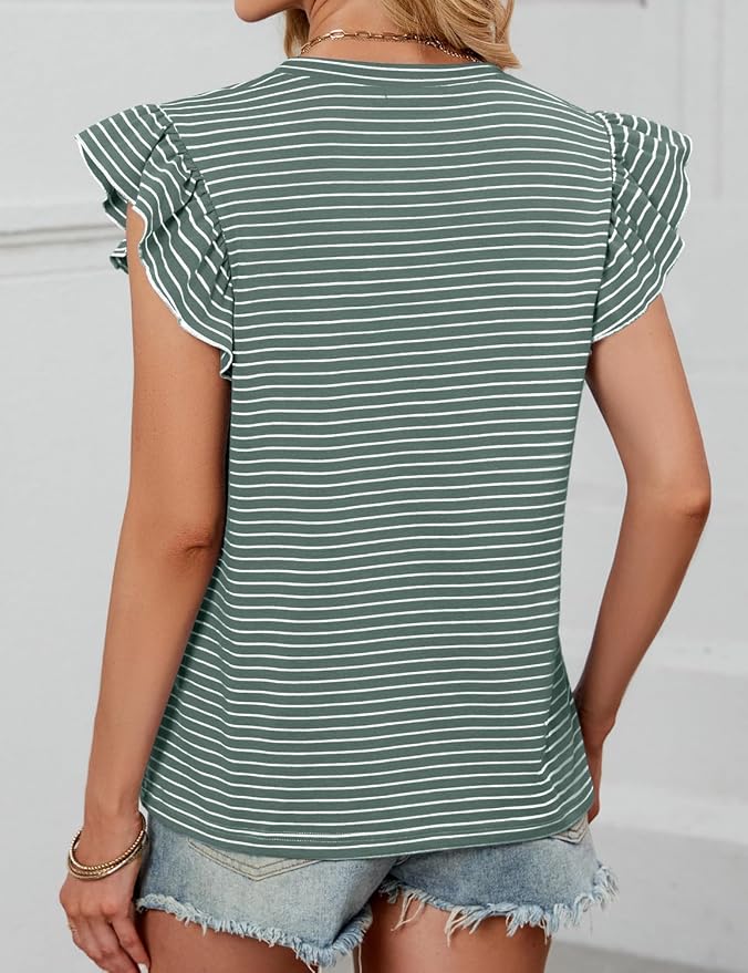 JUSTFASHIONNOW Womens Summer Tops Striped T-Shirts 2026 Ruffle Short Sleeve Crew Neck Casual Blouses with Pocket