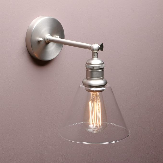 Yosoan Indoor Wall Sconce Fixture Light, 1-Light Modern Single Brass Vintage Industrial Hardwired with Funnel Flared Clear Glass Shade Lamp for Bathroom Sink Porch Kitchen Living Room(Brushed)
