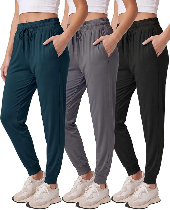 3 Pack Women's Lounge Joggers Sweatpant Active Athletic Yoga Workout Pocket | Available in Plus Size, Ladies Casual, Drawstring Gym Pants, Sleep Bottoms, Hiking, Running, Fitness, Exercise, Pajama, Soft