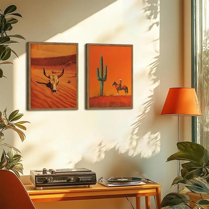 Framed Western Cowboy Canvas Wall Art Set of 3, Vintage Desert Cactus Pictures Wall Decor, Longhorn Bull Skull Paintings Prints Southwestern Home Decor for Living Room Bedroom 16x24 inch