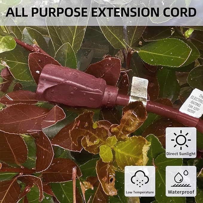YOJOE Indoor Outdoor Extension Cord, 3 Prong 13A Weatherproof Power Cord, 16 Gauge Heavy Duty 25 ft Brown Extension Cord for Garage, Garden and Home, 16/3 SJTW UL Listed