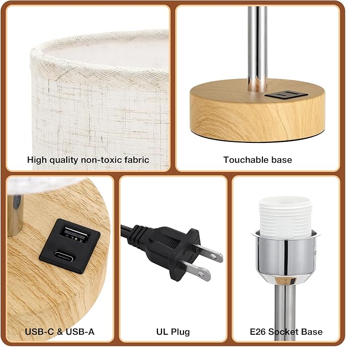 Dicoool Bedside Table Lamp Set of 2-3-Way Dimmable Touch Lamp, USB A+C | LED Bulb Included, USB C+A Charging Ports, Cream Fabric Lampshade, Metal Base, 14" Small Lamps for bedroom, Living Room
