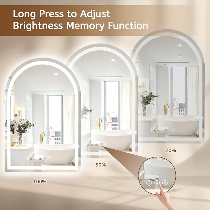 Arched LED Mirror for Bathroom 24"x36", Lighted Bathroom Vanity Mirror with Lights - Anti-Fog, Front Light and Backlit, Dimmable, 3 Colors