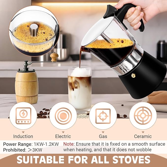9 Cup 450ml Glass Moka Pot, Stovetop Espresso Maker, Black | Crystal Glass-top & Stainless Steel Coffee Maker, Induction Compatible, for Greca de Cafe, Cuban and Italian Coffee Brewing