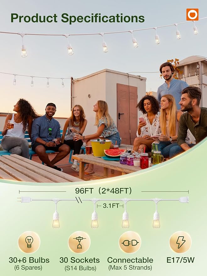 addlon 96FT(48FT*2) Outdoor String Lights White Commercial Grade Weatherproof Strand, 36 Edison Vintage Bulbs, 30 Hanging Sockets 6 Spare Bulbs, ETL Listed Decorative Lights for Patio Garden