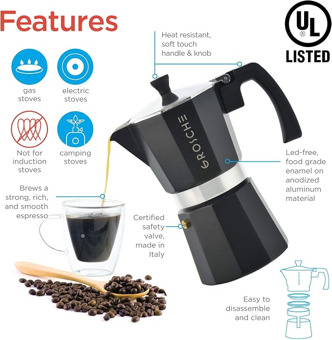 GROSCHE Milano Stovetop Espresso Maker Moka Pot 9 espresso Cup 15.2oz Black | Cuban Coffee Maker And Italian Moka Pot For Stovetop Espresso; For Gas, Electric, And Propane Stoves With A Soft-Touch Handle