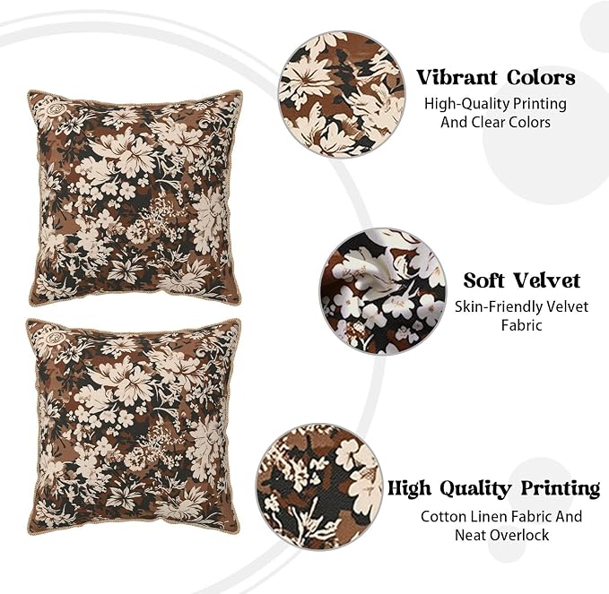 Vintage Brown Cream Floral Velvet Pillow Covers 18x18 Inch Tapestry Neutral Flowers Throw Pillows for Couch Cushion Covers Pillowcase Boho Farmhouse Pillow Cases for Sofa Bed Bedroom