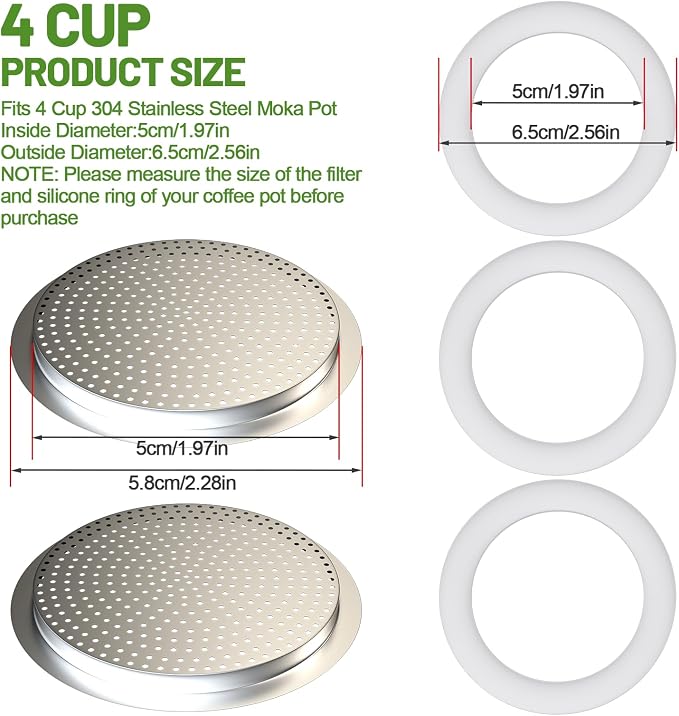 2 Pcs Filter with 3 Pcs Silicone Gasket Seals for 4 Cup Stovetop Espresso Coffee Maker Replacement Parts for 304 Stainless Steel Moka Pot