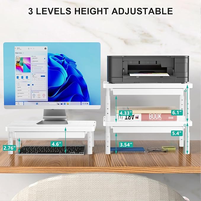 WALI Computer Monitor Stand with Storage, Desk Monitor Riser 3 Height Adjustable, Laptop Riser with Airflow Vents, Desk Organizer for Computer, Laptop, Printer (PTT002-W), 1 Pack, White