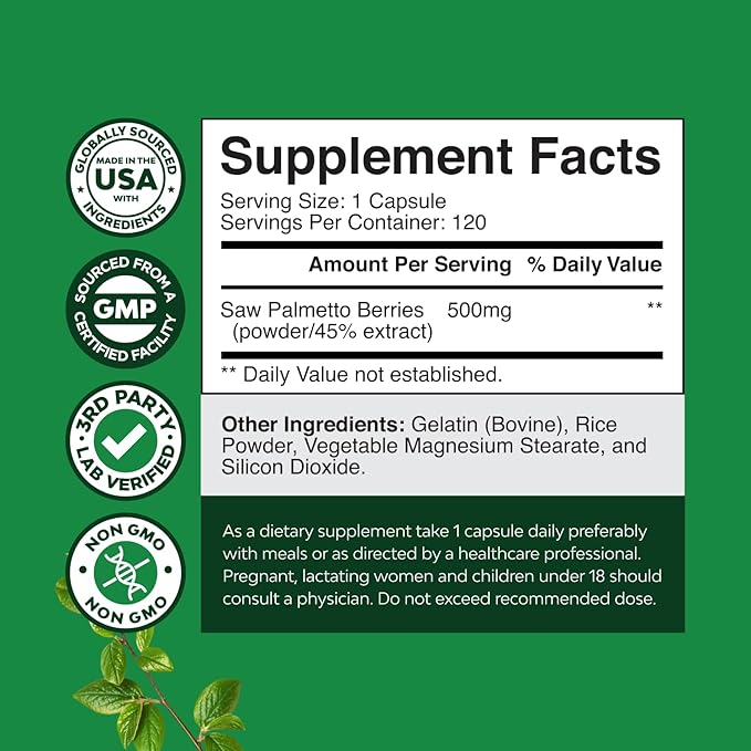 Natures Craft Extra Strength Saw Palmetto Extract - Advanced Saw Palmetto for Women and Men's Hair Health and Urinary Support with Plant Sterols & Flavonoids - Potent Herbal Supplement 120 Capsules