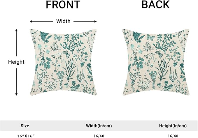 AEIOAE Summer Pillow Covers 16x16 Inch Set of 2,Teal Green Wild Flower Plant Throw Pillows Case,Seasonal Floral Outdoor Decorative Square Linen Farmhouse Decor Cushion Covers for Home Sofa Bed Couch