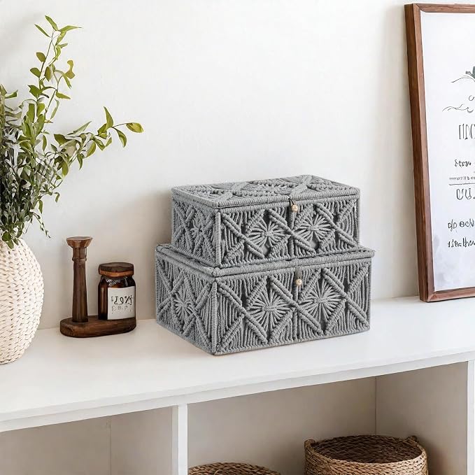 Decorative Boho Storage Baskets with Lid Natural Macrame Boxes | Handmade Cotton Rope Woven Bins, Shelf Desk Organizer Container for Jewelry Memory Keepsake Photo Makeup, Gray, Large