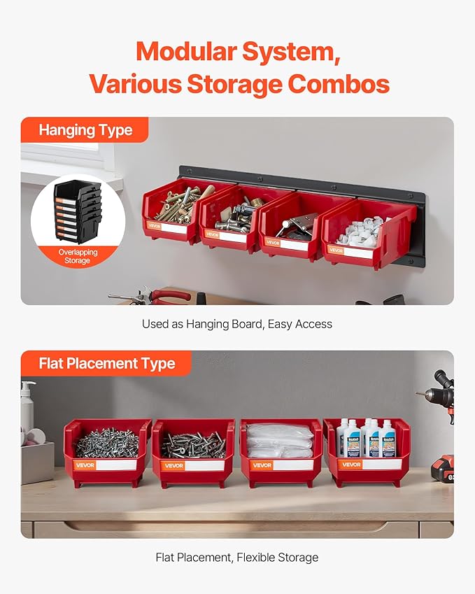 VEVOR Wall Mounted Storage Bins, 12 Plastic Bins & 3 Metal Rails, Plastic Hanging Stackable Storage Bin for Screws, Nuts, Bolts, Nails, Hardware Tool Organizer for Workshop, Craft Room, Garage, Red