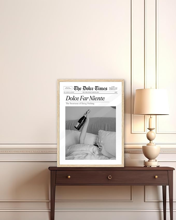 iHery 12x16in Dolce Far Niente Framed Newspaper Wall Art | Natural OAK Wood Frame with Canvas Print, The Sweetness of Doing Nothing Decor for Bedroom, Living Room and Dorm, 1Pack