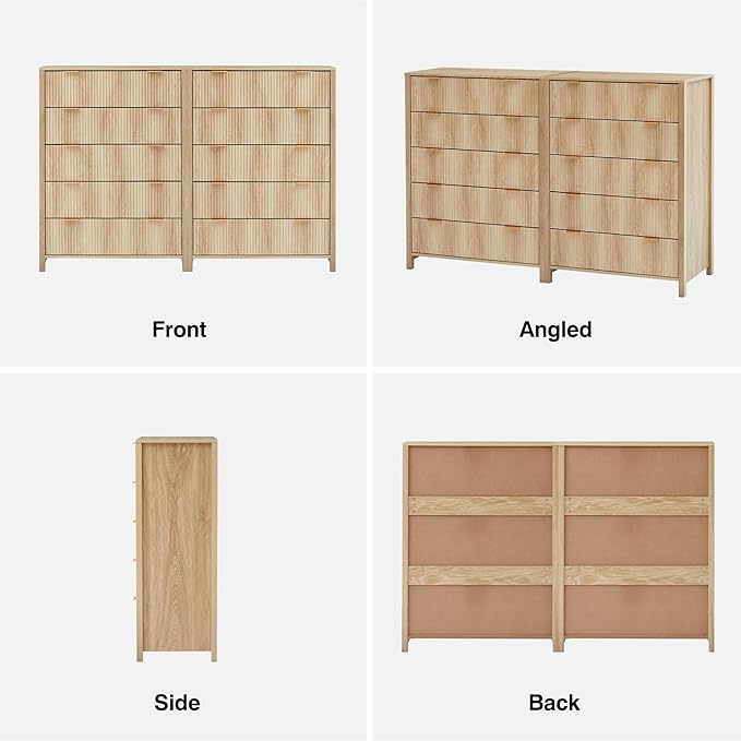 5 Drawer Double Dresser for Bedroom, Modern Wide Chest of Drawers with Fluted Panel Design,Wood Storage Dressers Chest of Drawers for Bedroom Living Room Hallway Closet,Natural,2 Sets